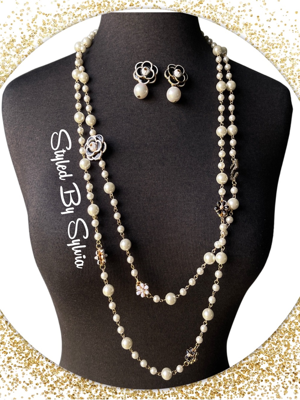 No. 5 White Pearl & Gold Necklace & Earring Set with CAMELLIA Flower Detail